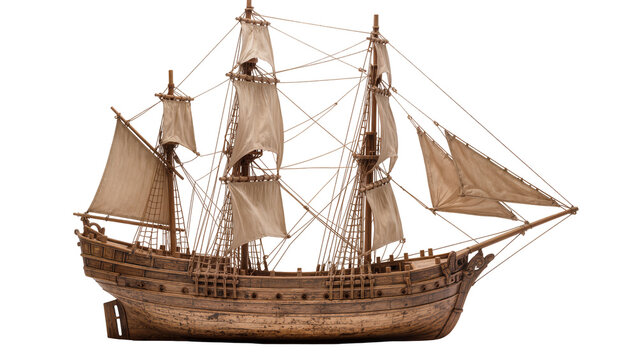 Detailed wooden sailing ship model with furled sails, isolated on transparent background