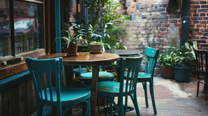 Fototapeta premium Outdoor cafe setting with teal chairs and plants