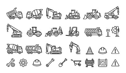 Construction truck outline icon set with dump truck mixer truck and excavator vector © MdRabbi