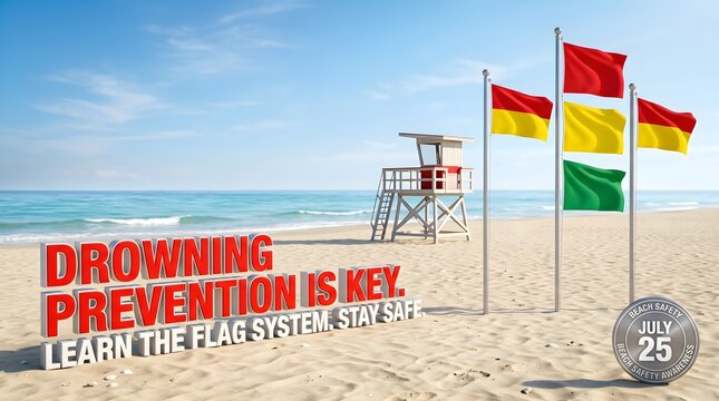 Beach safety flags, drowning prevention, lifeguard tower, beach warning flags