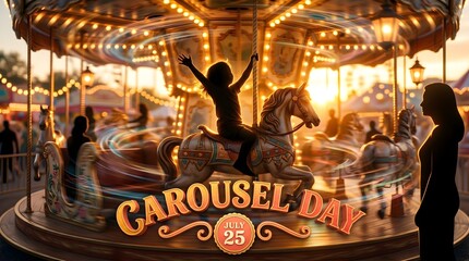 Naklejka premium Vibrant Carousel, Horse Ride, Amusement Park, Colorful Lights, Fun Day