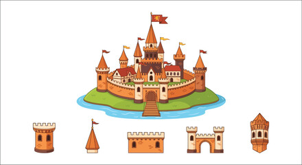 Medieval Castle Illustration With Turrets And Drawbridge Vector Graphic © mdaburaihan