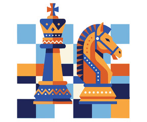Stylized chess king and knight pieces displayed on a minimalist chessboard pattern. This artwork represents strategy, intellect, and classic board game competition. © Nadhilah