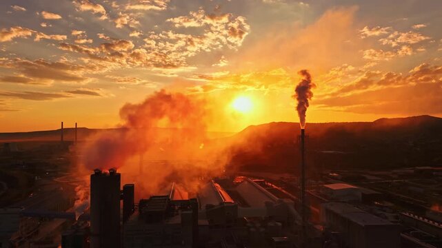 Smoke rises from chimneys as the sun sets behind mountains in an industrial region. Clouds reflect the orange and yellow light of the evening sky.