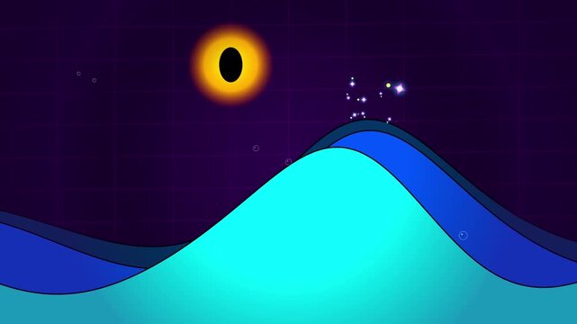Abstract animated motion graphic of a glowing sun over blue ocean waves