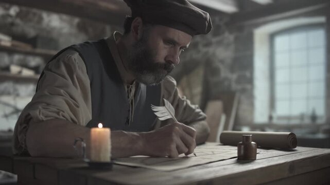 Medieval master drawing a flying machine design with a quill pen on parchment paper while sitting near a burning candle inside a workshop with stone walls