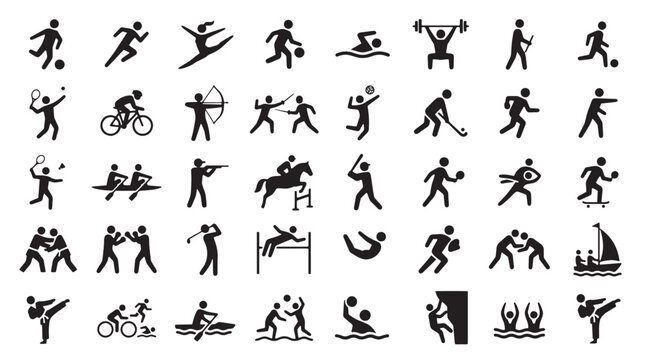 40 Sport Icons, Fitness Symbols, Athletic Logos, Black Silhouette Graphics