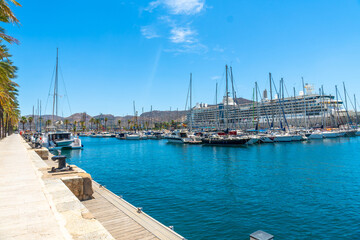 Fototapeta premium Cartagena port with marina, sailboats, and cruise ship