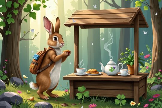 Cartoon rabbit drinks tea at a small forest kiosk