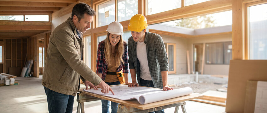 Architect discusses custom home plans with young couple inside contemporary house under construction, reviewing blueprint during residential design consultation in warm daylight with copy space.