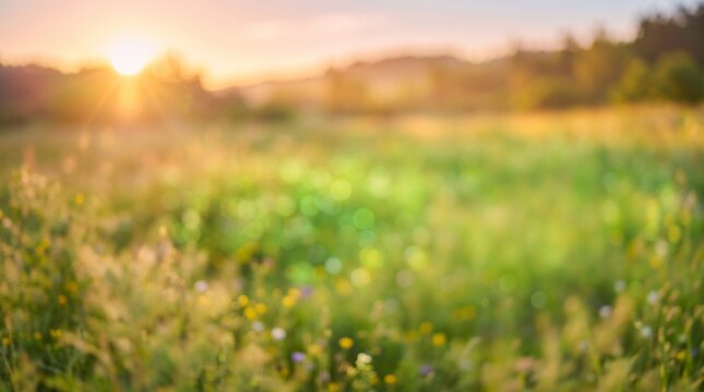Soft golden sunrise over blurred green field. Warm nature bokeh background with golden hour glow A dreamy soft focus background featuring spring floral garden elements with a blurred effect.