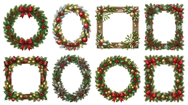 Traditional Christmas wreath and frame collection, 8 festive holiday border vectors with pine branches, red bows and gold ornaments for winter invitations isolated PNG with Transparent Background