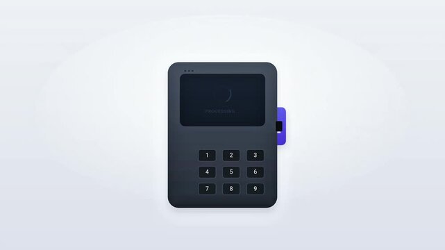 Animated 2D graphic of a credit card transaction with a payment terminal and card