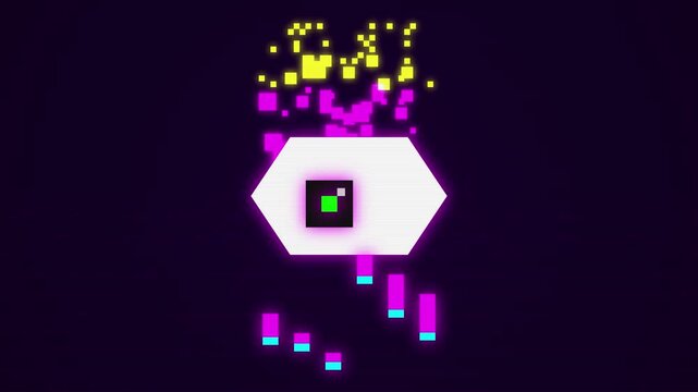 Abstract Pixel Art Eye Animation Glowing with Digital Particles