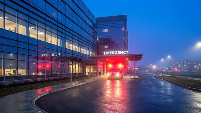 Ambulance arrives at hospital emergency unit at night during rainy weather