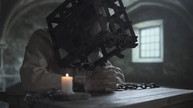 Medieval prisoner with an iron head cage and chained hands clasping fingers in prayer on a rough table next to a burning candle, inside a stone jail cell