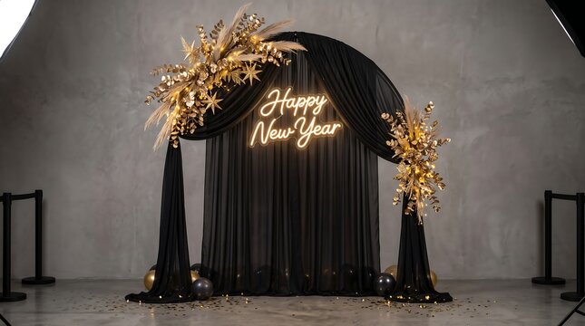 Happy New Year celebration background with black drapes and gold decorations