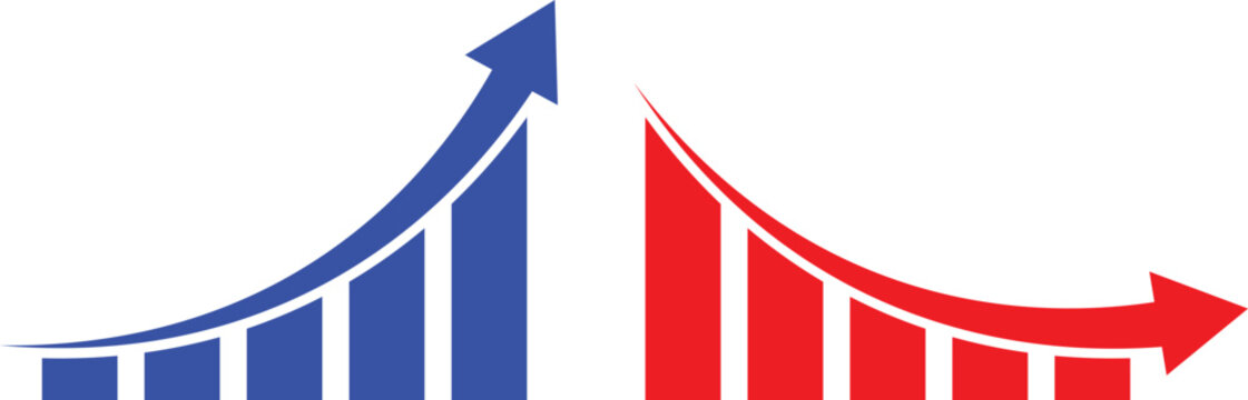 Business growth and decline bar chart icons. This blue upward success trend and red downward loss graph represent financial statistics. Ideal for market analysis and corporate reports.