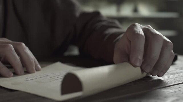 Hands of a medieval monk unrolling a parchment scroll outwards with a handwritten Latin food inventory on a rough wooden desk, inside a dark scriptorium
