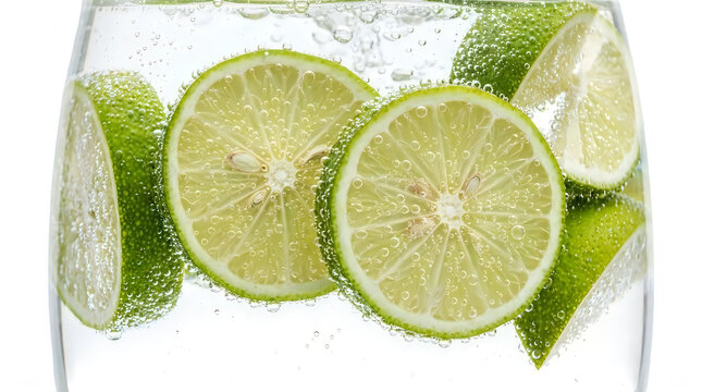 Fresh lime slices in a glass of sparkling water with bubbles