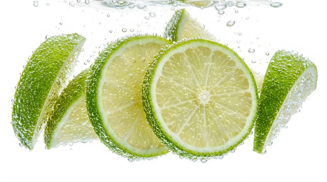 Fresh green lime slices falling down isolated on white background
