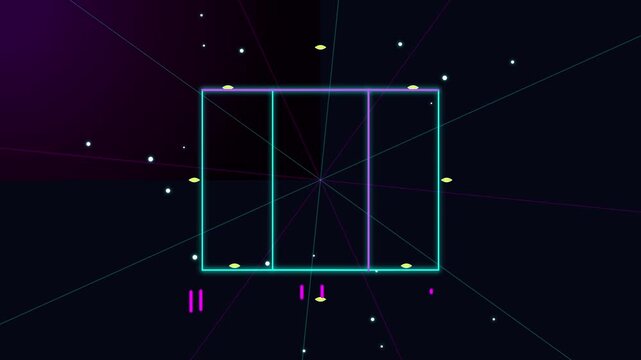 Neon glowing geometric cube rotating with floating digital eye symbols