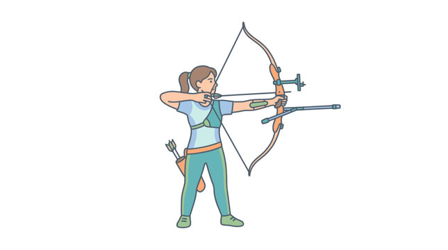 Young woman practicing archery aiming arrow with recurve bow vector illustration