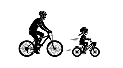 Fototapeta premium Silhouette of father and daughter riding bicycles together on white background