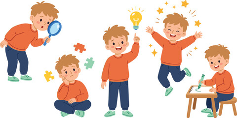 Naklejka premium Cute Boy Character Learning and Creative Activity Set with Thinking, Discovery, Drawing and Happy Expressions Vector Illustration