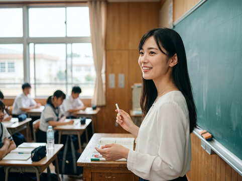 教壇に立ち笑顔で説明をしながら授業を行う女性