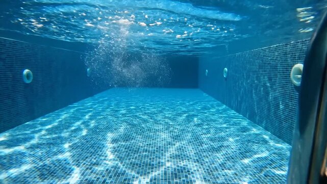 Underwater view of a clear blue swimming pool with rising bubbles