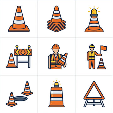 Road safety and construction traffic cone icon set
