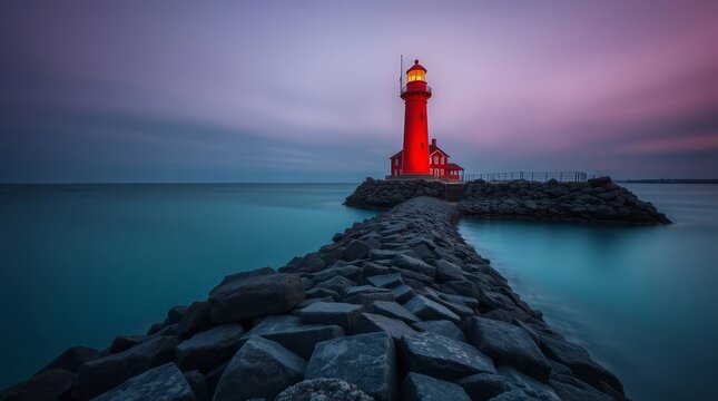 Scenic red lighthouse and house on a rocky breakwater at twilight
