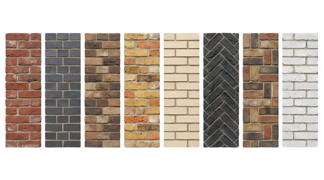 Brick wall texture samples collection, architectural masonry material swatches, 8 diverse brickwork patterns and colors for construction design