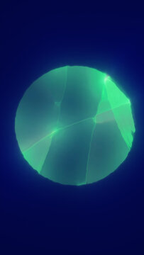 Abstract green glowing sphere with cracked translucent surface, soft halo, and dark blue background for futuristic science design.