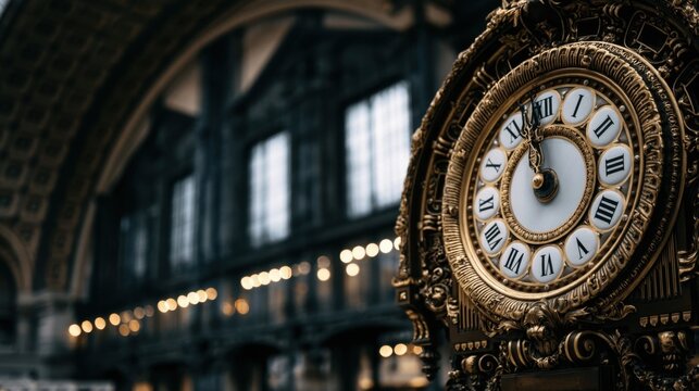 Ornate golden clock in a historic train station hall