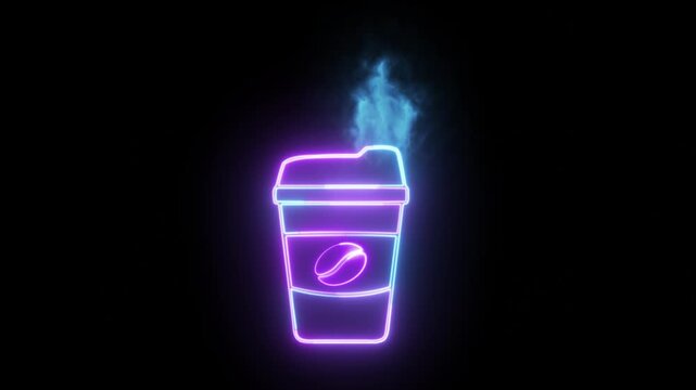 Blue Purple Neon Takeaway Coffee Cup with Glowing Coffee Bean and Steam Animation on Black Background
