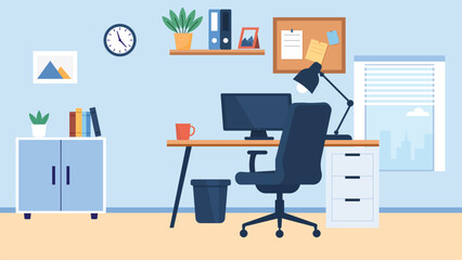 Naklejka premium Modern Office Workspace Interior Home Office Business Desk Background Illustration Design Concept