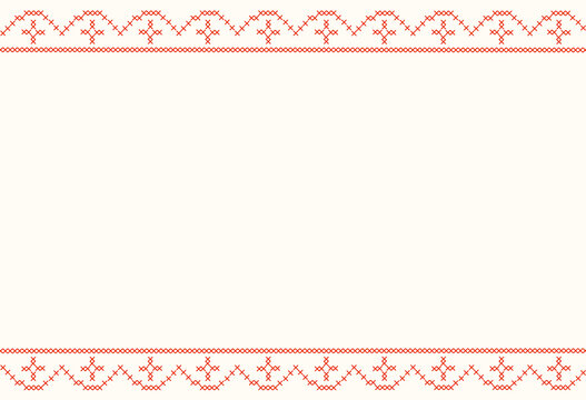 Background with cross-stitch embroidery geometric border. Horizontal banner with pixelated needlework vintage frame. Cottagecore greeting card, traditional stationary design, handmade craft header.