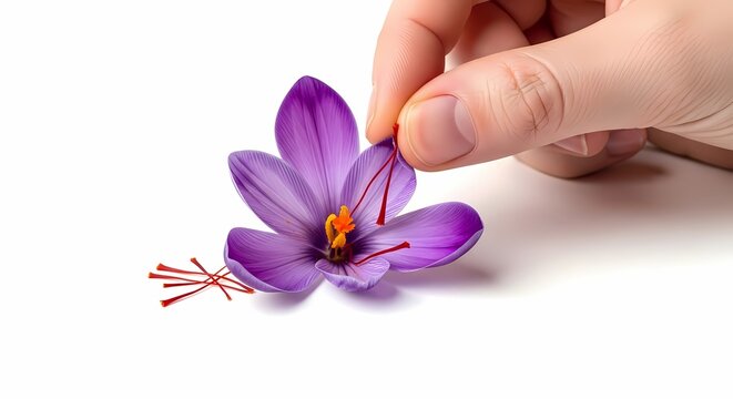 Hand delicately holding a vibrant purple crocus flower with orange stamens on a white background