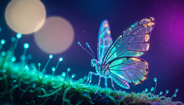 A beautiful translucent butterfly glowing with iridescent colors in a magical enchanted forest setting.