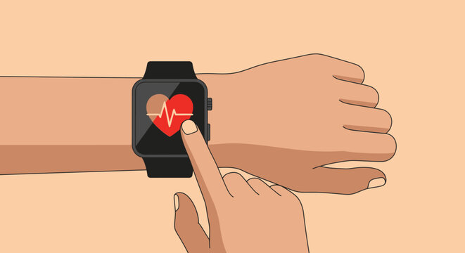 Person wearing smartwatch with heart rate monitor on wrist and touching screen