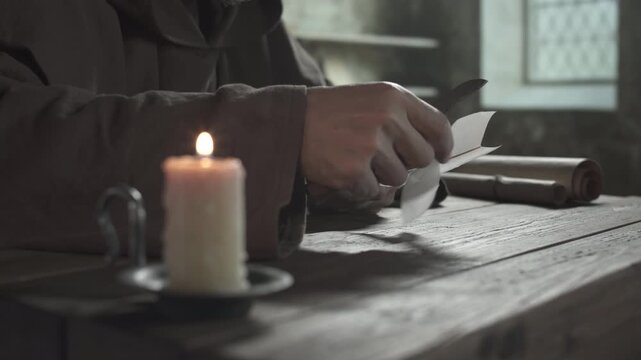 Medieval copyist with a penknife trimming barbs off a quill pen next to scrolls on a rough wooden table, inside a dark scriptorium