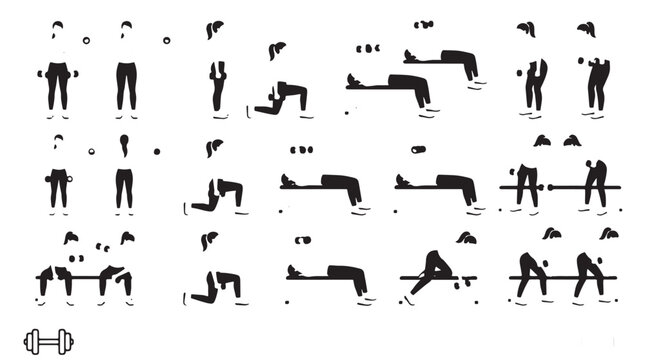 Minimalist fitness exercise icons set, black silhouette gym workout poses, strength training instructional diagrams for weightlifting and bodybuilding