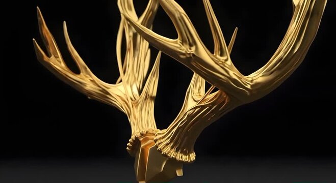 Golden deer antlers displayed on black background.