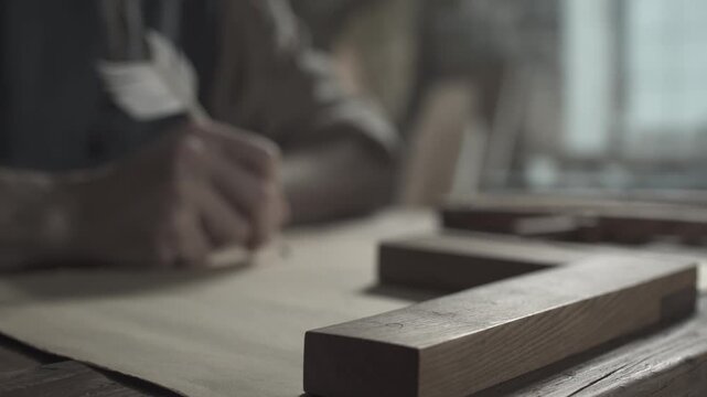 Wooden measuring square tool on a table against the blurred background of a medieval master writing with a quill pen on parchment paper inside an artist studio, tracking shot