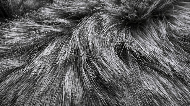 Seamless texture of realistic monochrome animal fur. Highly detailed black and silver fluffy hair background, soft wild wolf wool structure, abstract dark and light digital backdrop for modern design.