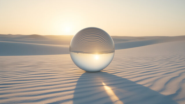 A crystal glass sphere reflecting a beautiful sunset over white sand desert dunes.