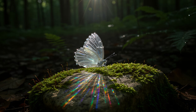 A magical translucent butterfly resting on a mossy stone with prismatic light reflections in a dark forest.