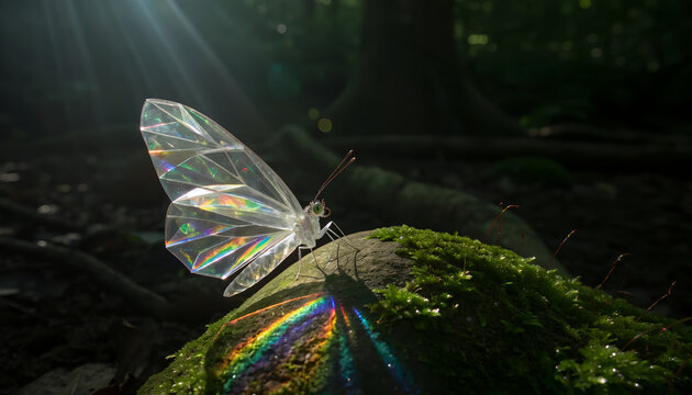 A beautiful crystalline butterfly resting on a mossy rock in a dark forest with light rays.